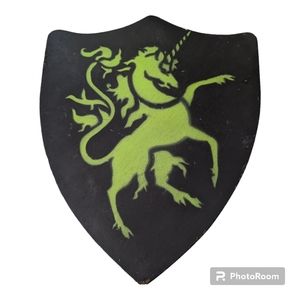 VTG Handmade Wooden Green Prancing Unicorn On Black Background Shield W Handle